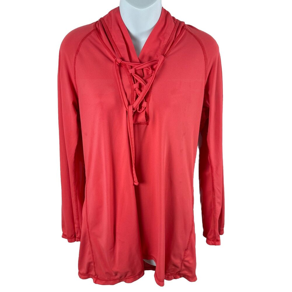 UV Skinz Hooded Swim Shirt M Medium Coral Pink Lace Up UPF 50+ Sun Water Jacket